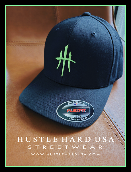 HustleHardUSA CUSTOM EMBROIDERED MONSTER GREEN FlexFit (FITTED/CURVED BILL)