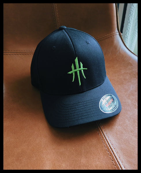 HustleHardUSA CUSTOM EMBROIDERED MONSTER GREEN FlexFit (FITTED/CURVED BILL)