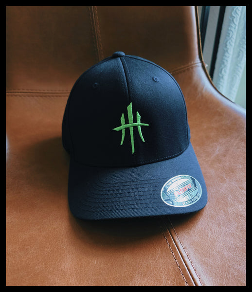 HustleHardUSA CUSTOM EMBROIDERED MONSTER GREEN FlexFit (FITTED/CURVED BILL)