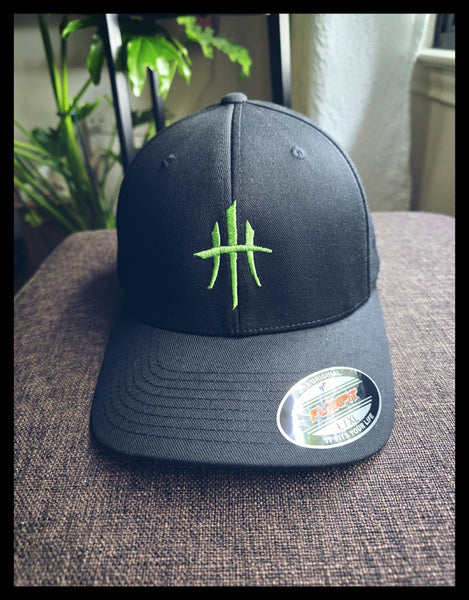 HustleHardUSA CUSTOM EMBROIDERED MONSTER GREEN FlexFit (FITTED/CURVED BILL)