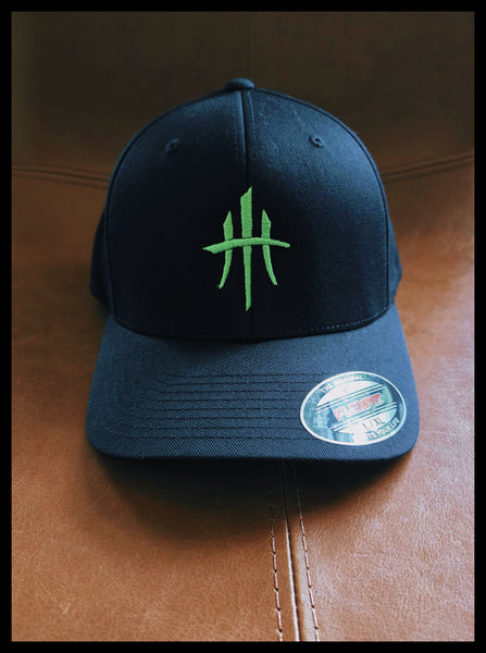 HustleHardUSA CUSTOM EMBROIDERED MONSTER GREEN FlexFit (FITTED/CURVED BILL)