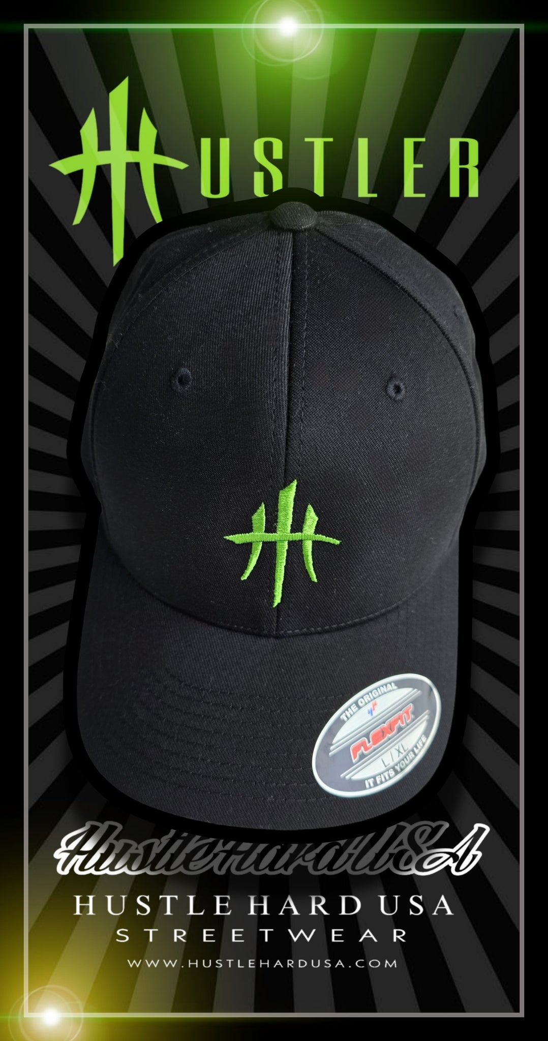 HustleHardUSA CUSTOM EMBROIDERED MONSTER GREEN FlexFit (FITTED/CURVED BILL)