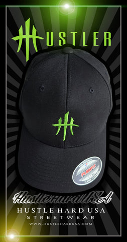 HustleHardUSA CUSTOM EMBROIDERED MONSTER GREEN FlexFit (FITTED/CURVED BILL)