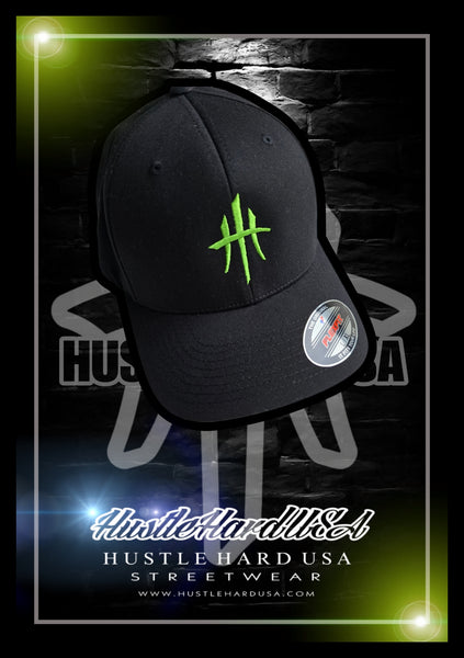 HustleHardUSA CUSTOM EMBROIDERED MONSTER GREEN FlexFit (FITTED/CURVED BILL)