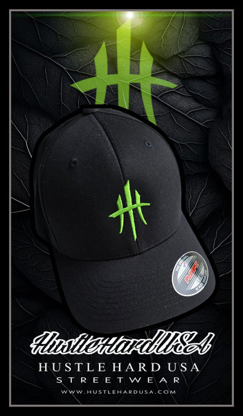 HustleHardUSA CUSTOM EMBROIDERED MONSTER GREEN FlexFit (FITTED/CURVED BILL)