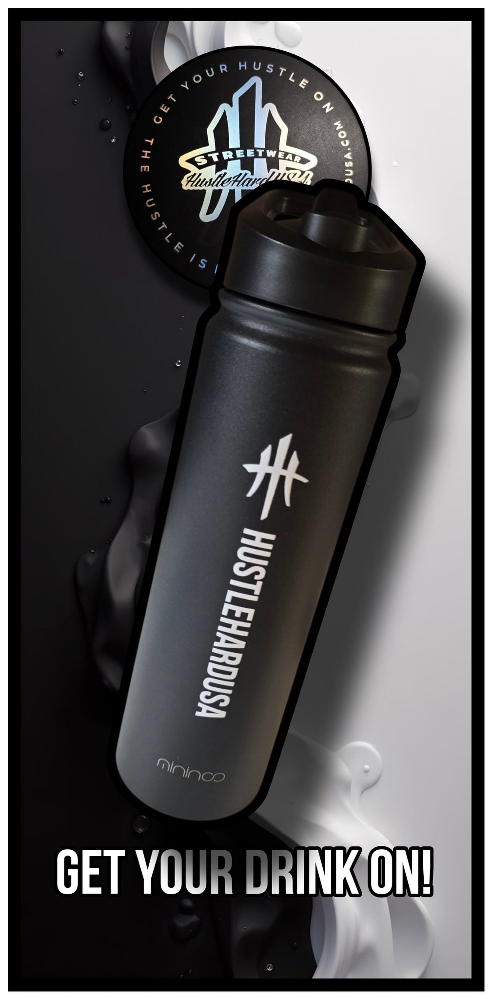 HustleHardUSA 24oz ALL BLACK PREMIUM WaterBottle