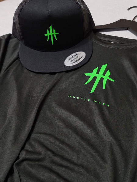 HustleHardUSA LIME GREEN Logo Performance Tee